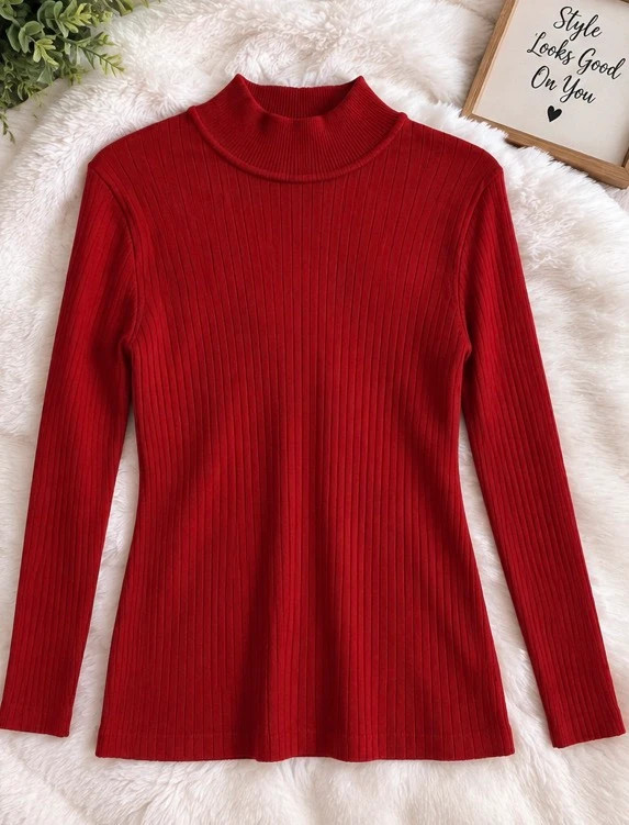 Red Ribbed Turtleneck Long Sleeve Top – taille L / US 12-14