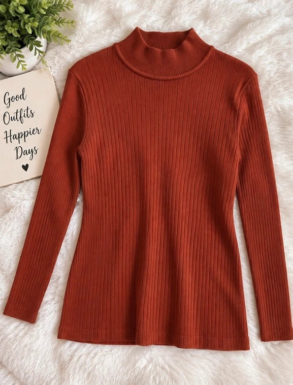 Rust Ribbed Turtleneck Long Sleeve Top – taille L / US 12-14