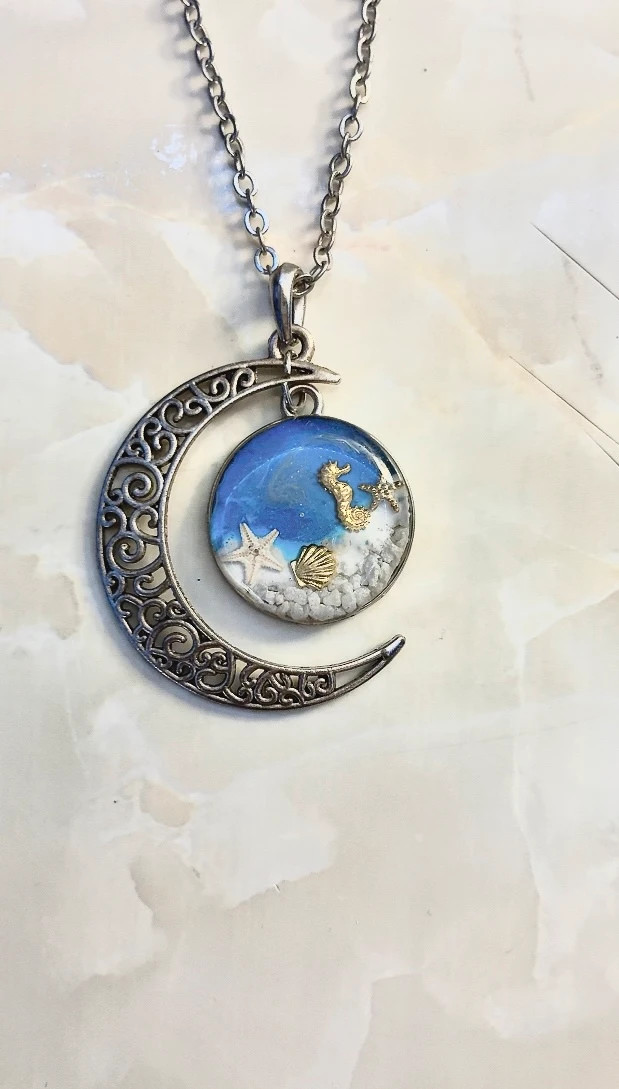 Celestial Crescent Moon Ocean Pendant Necklace