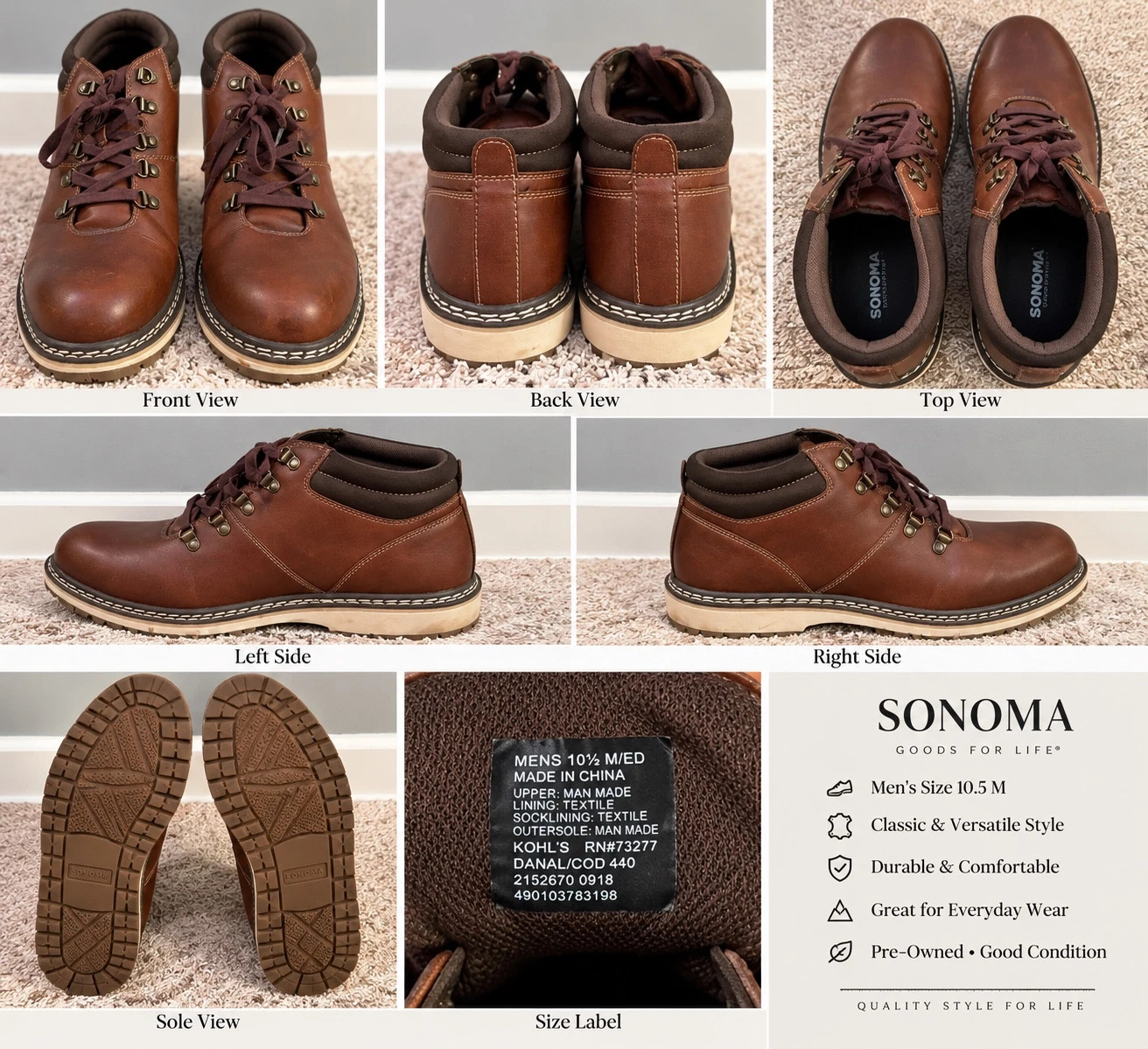 Sonoma Men’s Brown Lace-Up Boots Size 10.5 M