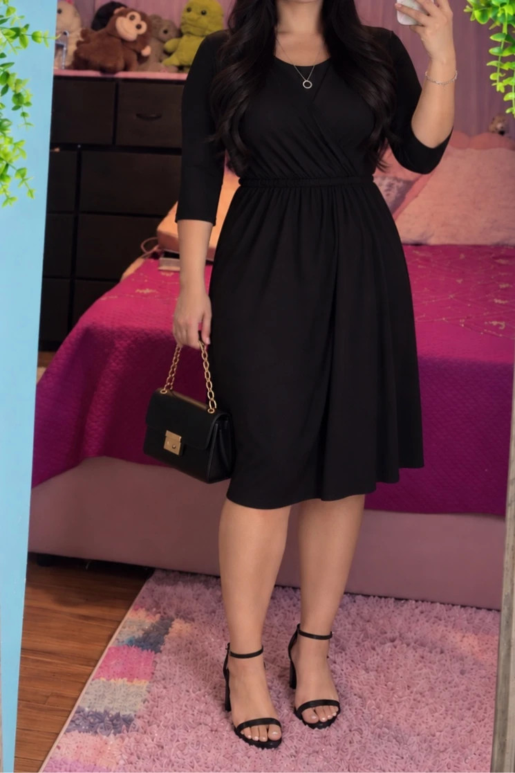 Black V-Neck Midi Dress – 3/4 Sleeve – New York & Company – taille M / US 8-10 3