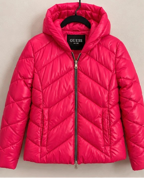 GUESS Women’s Pink Hooded Puffer Jacket – Size L