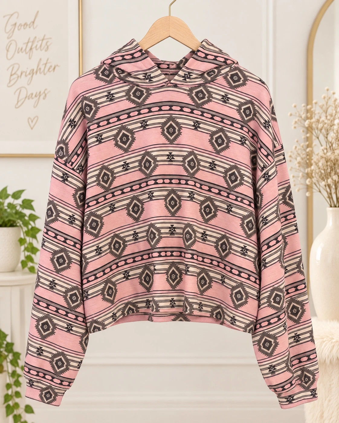 Pink Printed Hoodie- Denim Shorts