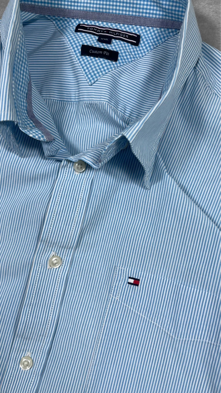 Tommy Hilfiger Shirt Short Sleeve Striped Custom Fit Light Blue XXL – Tommy Hilfiger – taille XXL 5