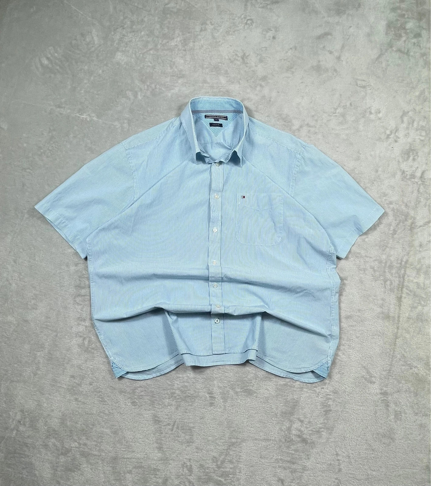 Tommy Hilfiger Shirt Short Sleeve Striped Custom Fit Light Blue XXL – Tommy Hilfiger – taille XXL