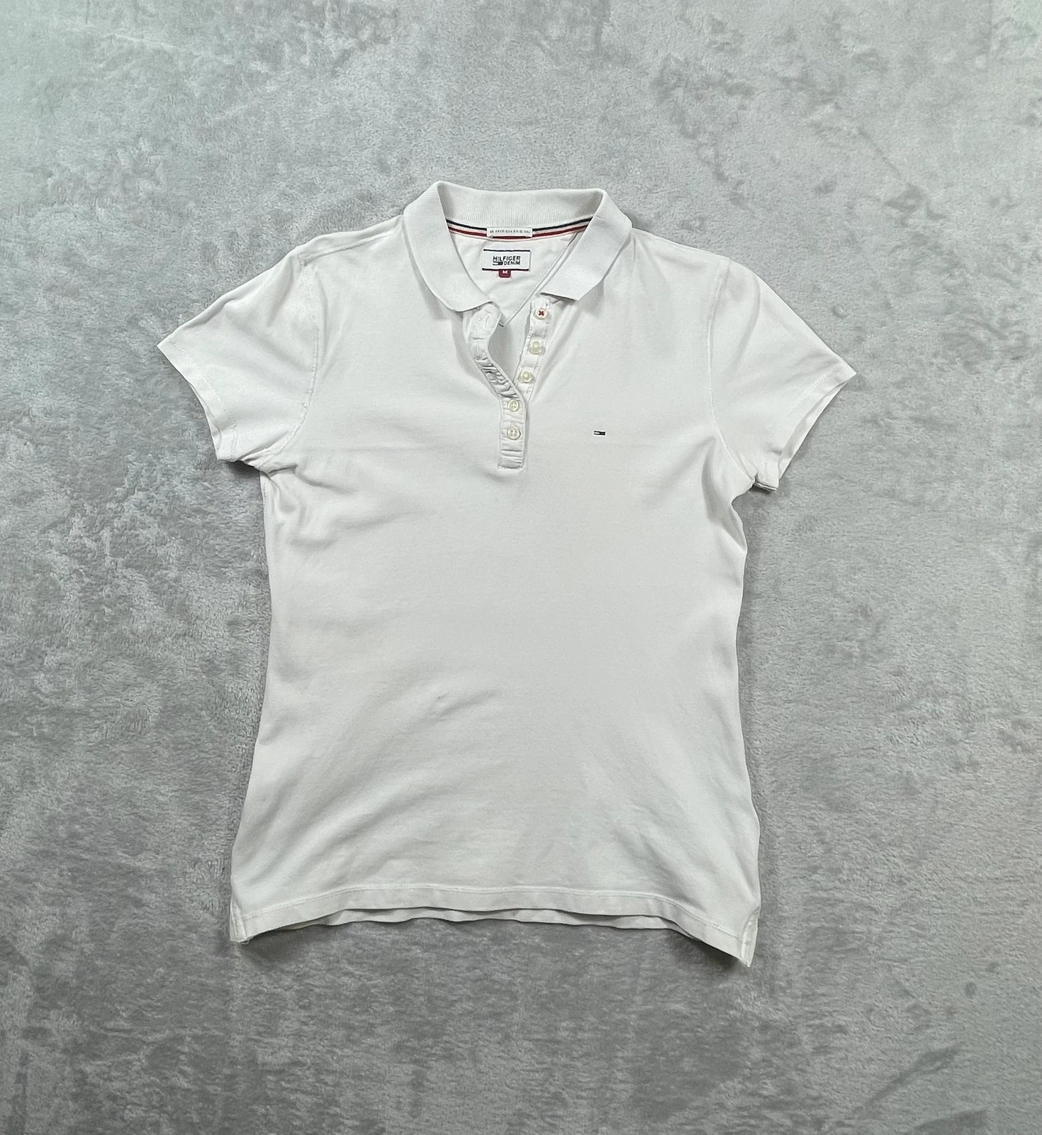 Hilfiger Denim Polo Shirt White Logo Short Sleeve Classic Casual 00s Size M