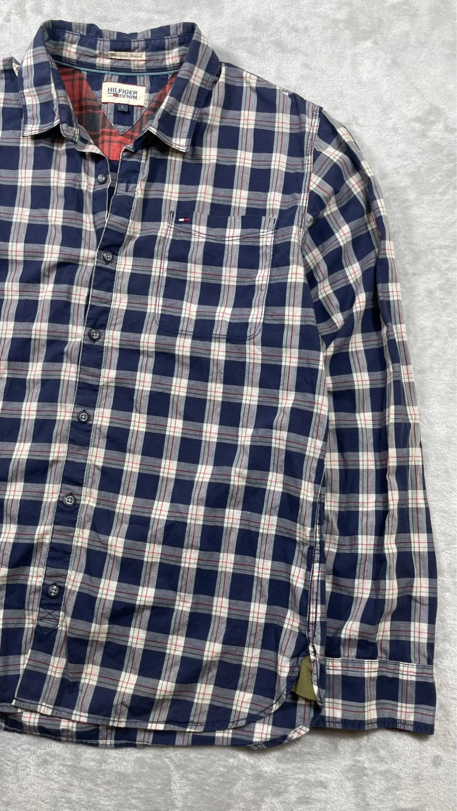Hilfiger Denim Shirt Plaid Check Navy Blue Long Sleeve Casual 00s Size L – Hilfiger Denim – taille L 4