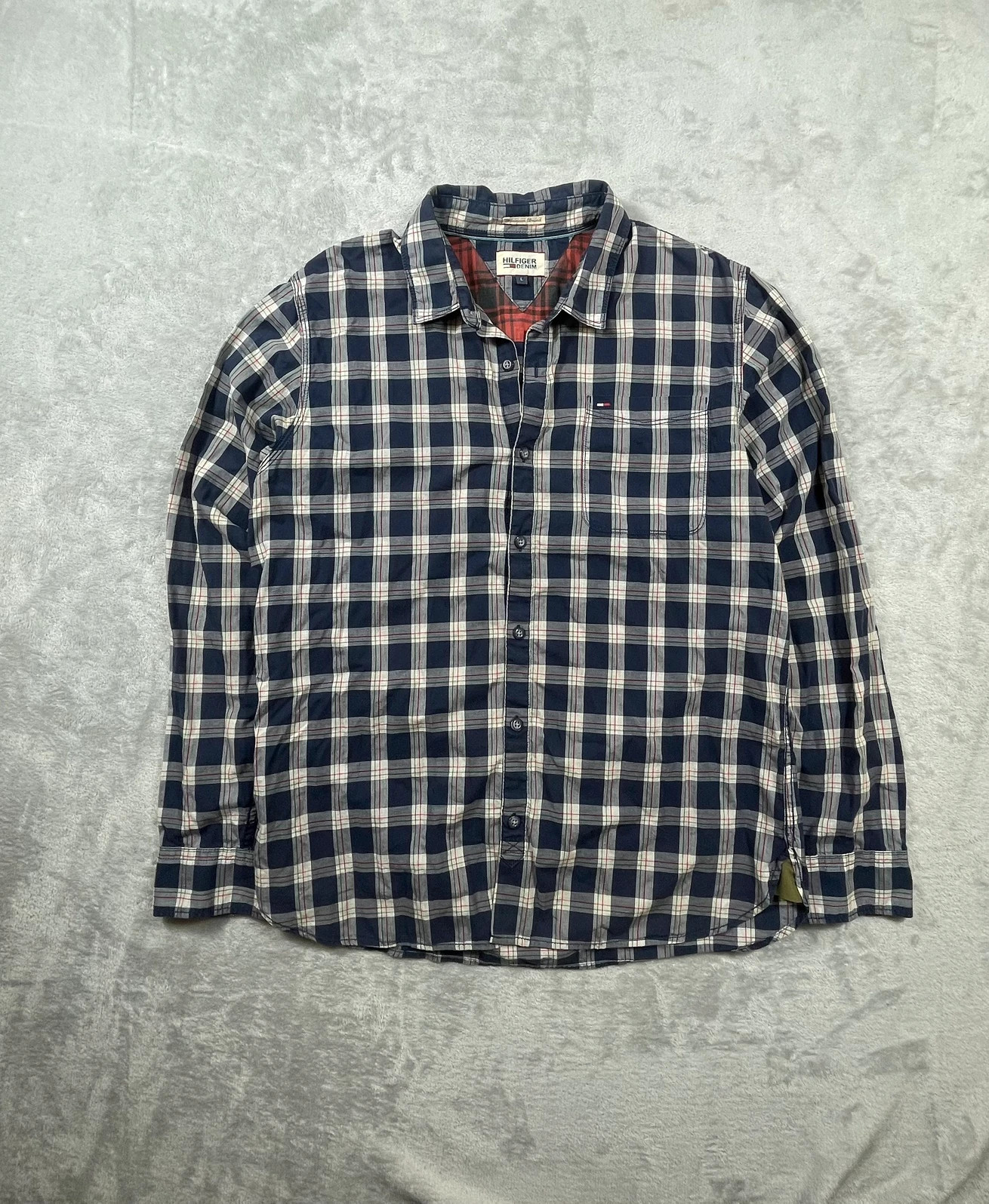 Hilfiger Denim Shirt Plaid Check Navy Blue Long Sleeve Casual 00s Size L