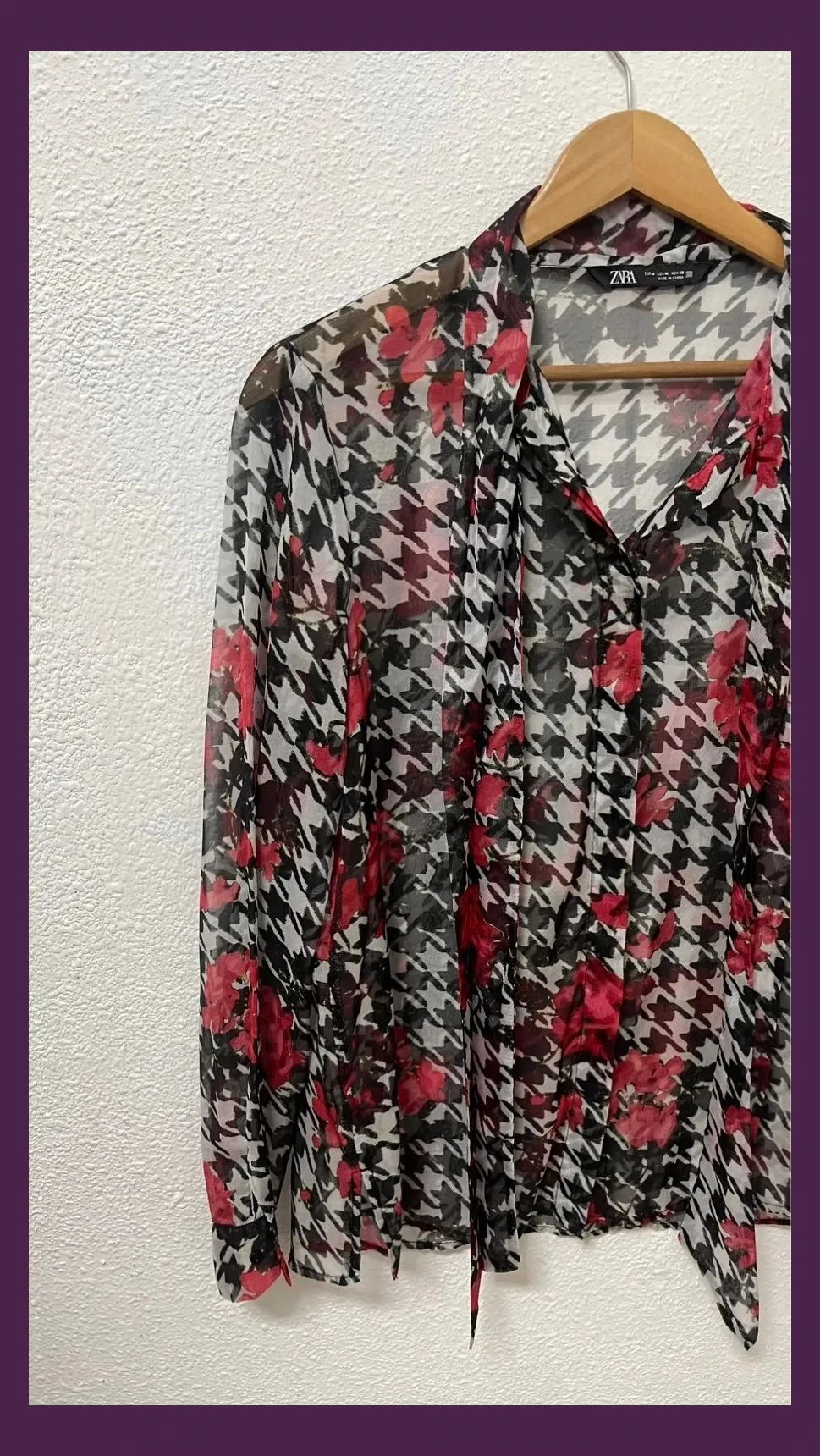 Zara Blouse Women Houndstooth Floral Red Fluid Neck Tie Size M Office Wear Elegant – Zara – taille M / 38 / 10 2