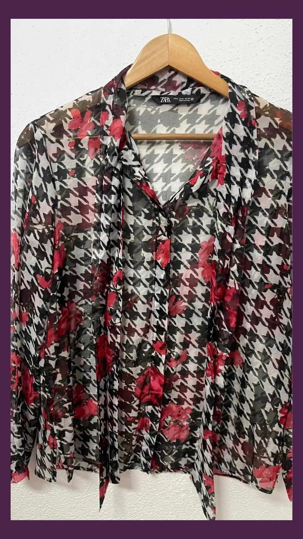 Zara Blouse Women Houndstooth Floral Red Fluid Neck Tie Size M Office Wear Elegant – Zara – taille M / 38 / 10 3