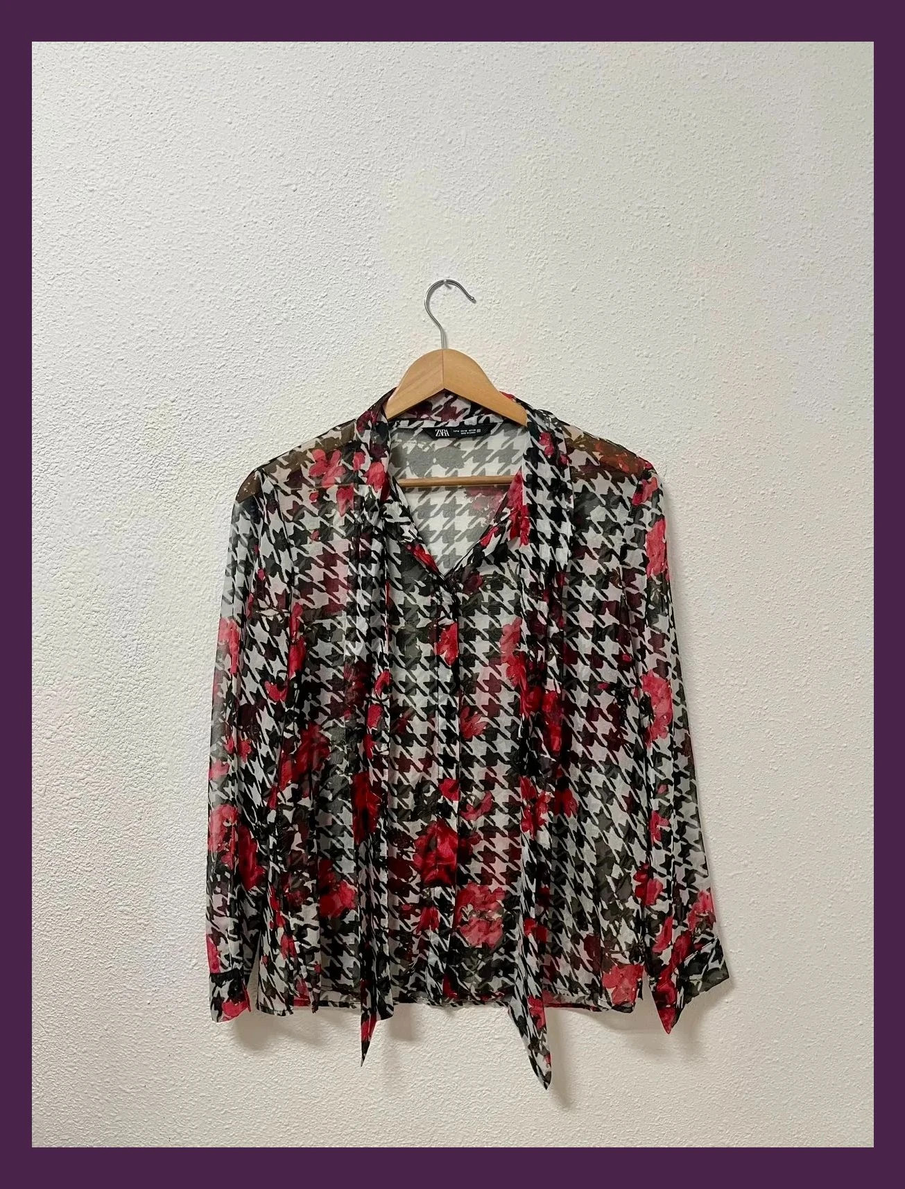 Zara Blouse Women Houndstooth Floral Red Fluid Neck Tie Size M Office Wear Elegant – Zara – taille M / 38 / 10