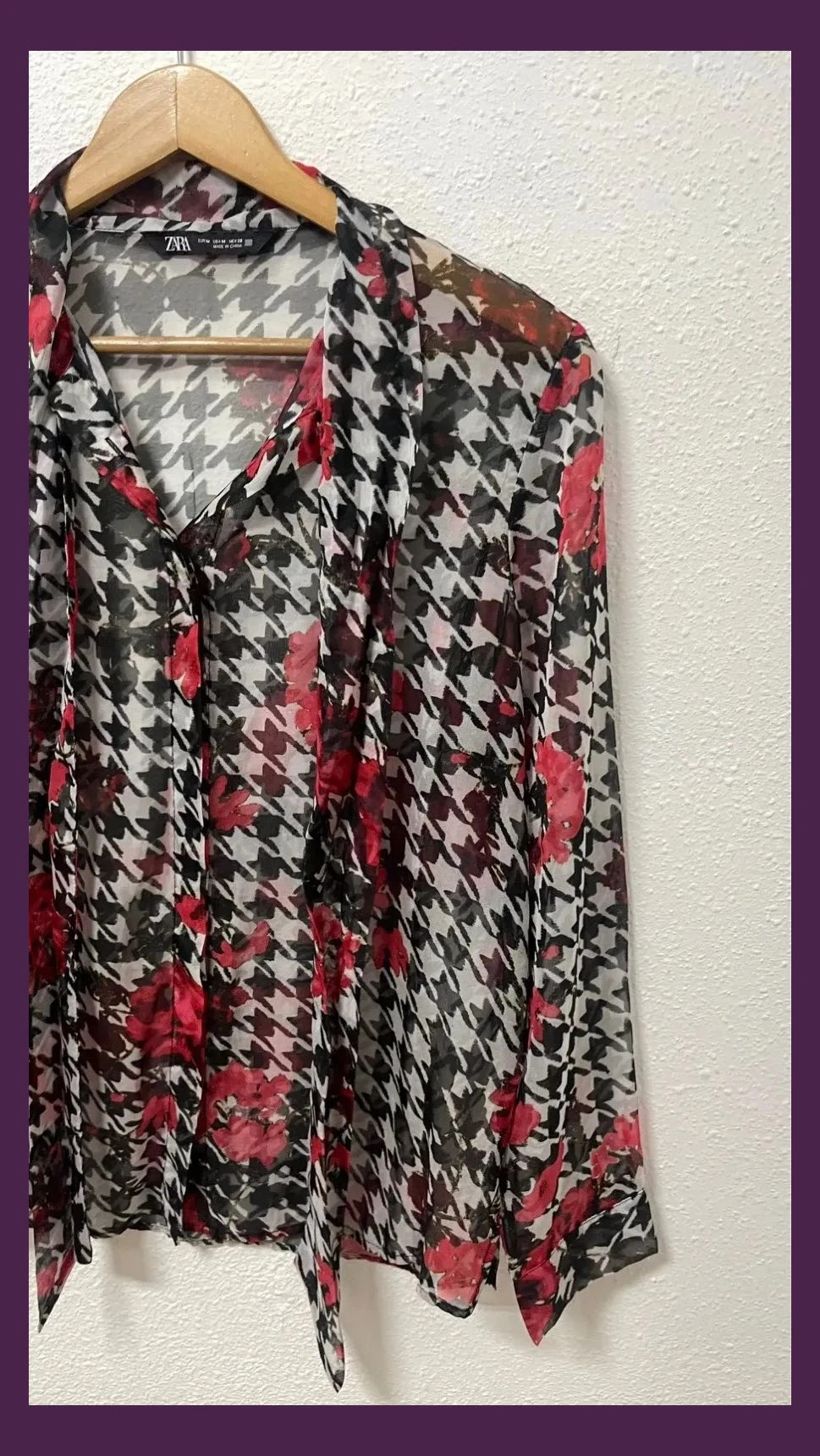 Zara Blouse Women Houndstooth Floral Red Fluid Neck Tie Size M Office Wear Elegant – Zara – taille M / 38 / 10 4