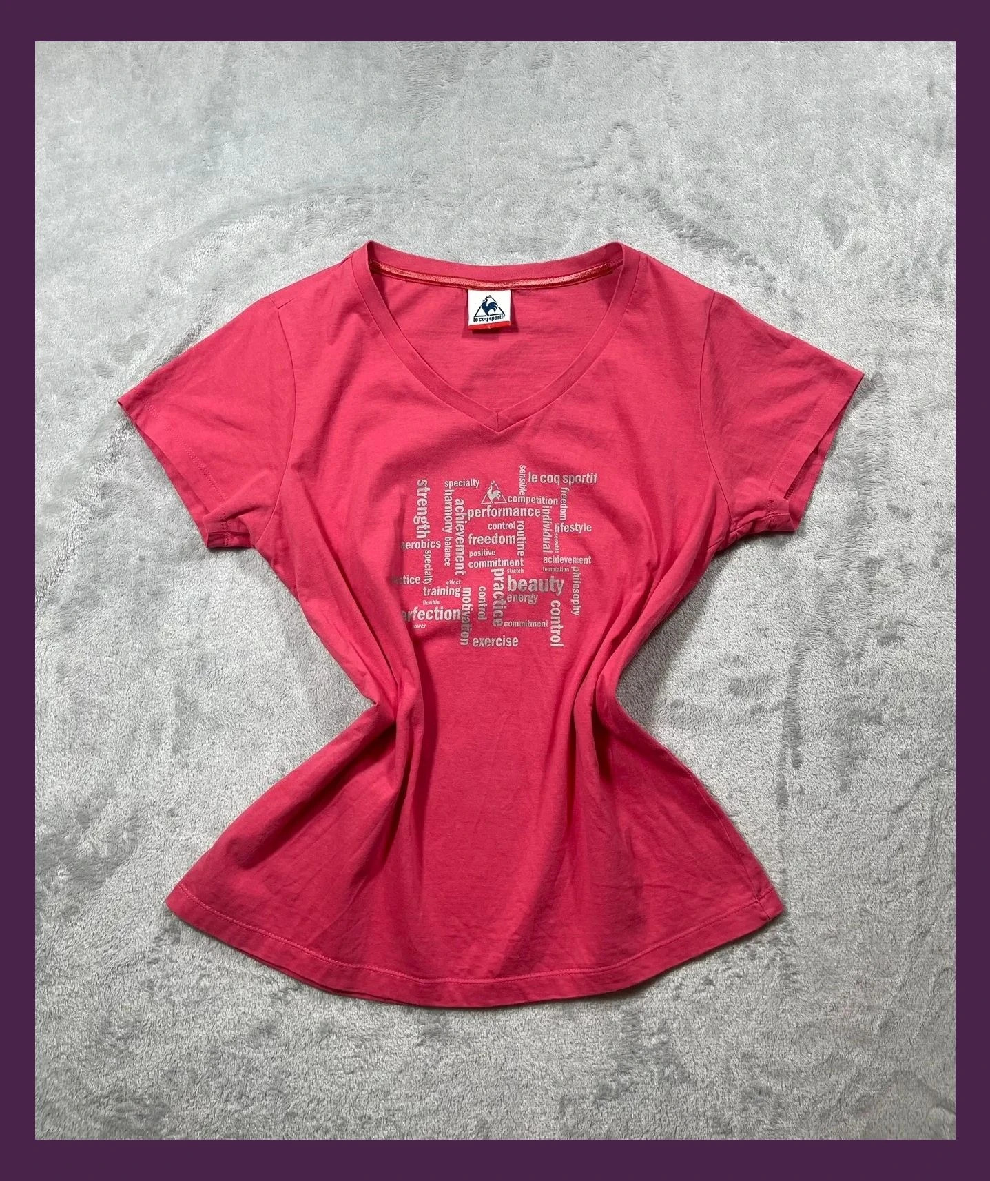 Le Coq Sportif T-Shirt Woman Pink V-Neck Graphic Print Size L Casual Sporty Short Sleeve Tee