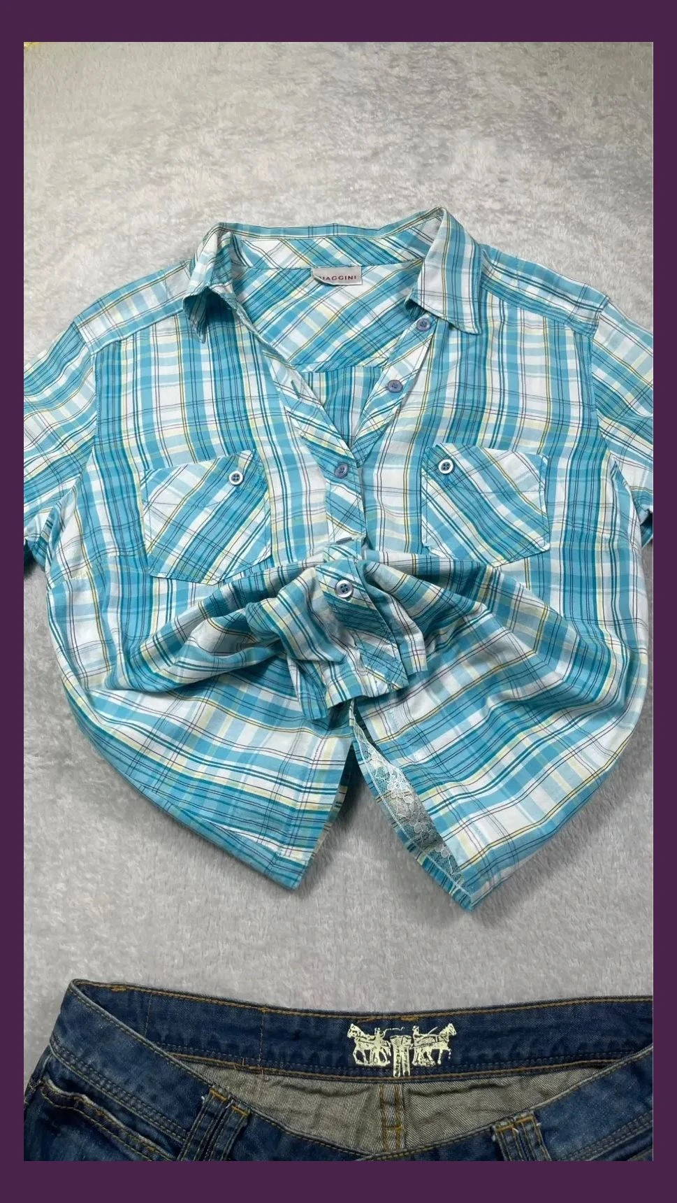 Biaggini Women's Blue White Plaid Shirt Size L Casual Short Sleeve Summer Top Lace Detail Soft – Biaggini – taille L / 40 / 12 3