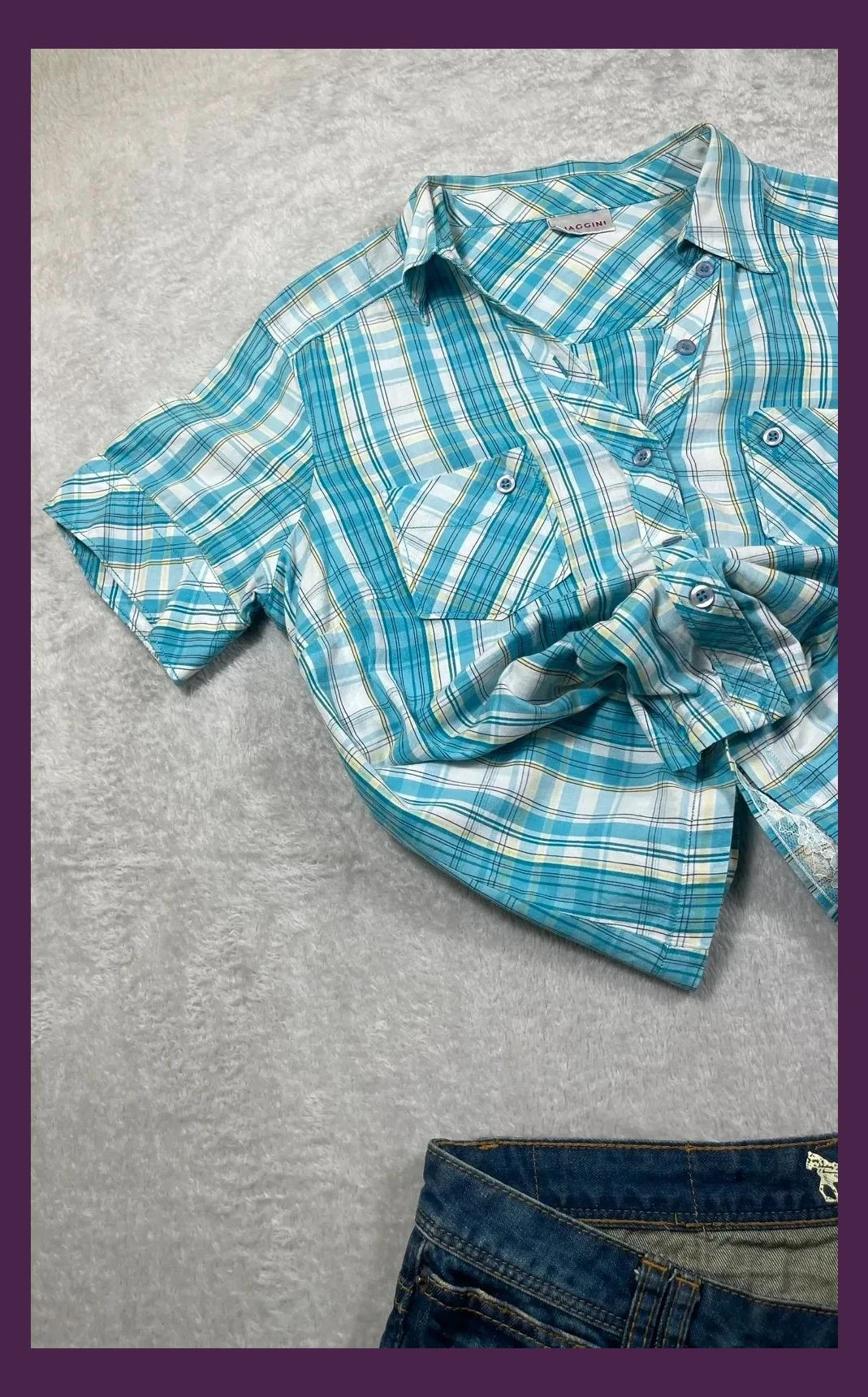 Biaggini Women's Blue White Plaid Shirt Size L Casual Short Sleeve Summer Top Lace Detail Soft – Biaggini – taille L / 40 / 12 2