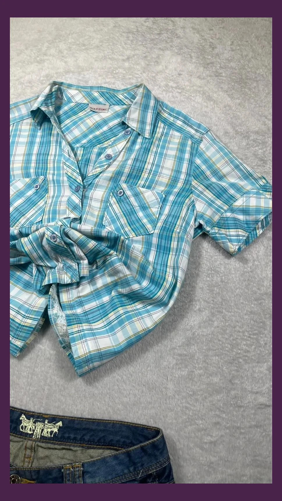 Biaggini Women's Blue White Plaid Shirt Size L Casual Short Sleeve Summer Top Lace Detail Soft – Biaggini – taille L / 40 / 12 4