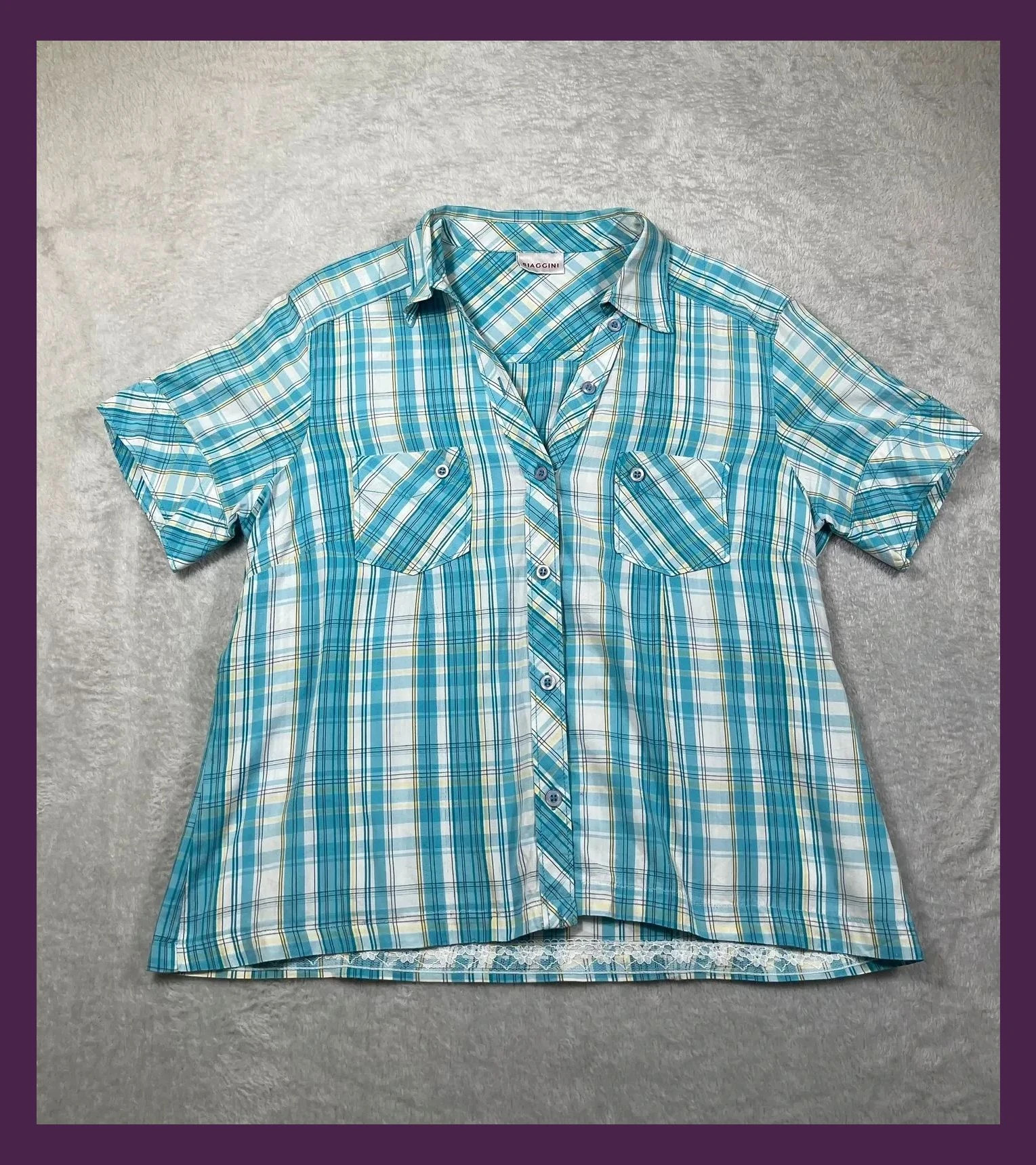 Biaggini Women's Blue White Plaid Shirt Size L Casual Short Sleeve Summer Top Lace Detail Soft – Biaggini – taille L / 40 / 12 5