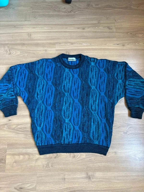 Vintage Carlo Colucci 3D-Strick Pullover | Gr. 52 (L) | Blau-Nuancen 🔹