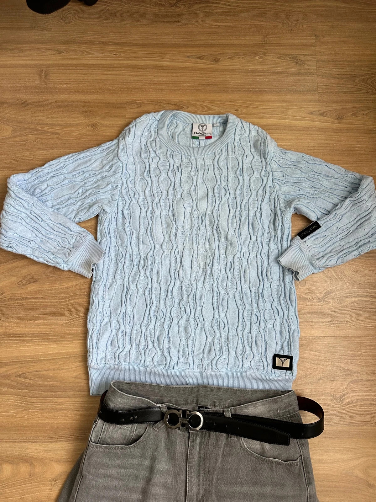 Carlo Colucci Strickpullover Hellblau/Babyblau Gr. S 3D-Struktur