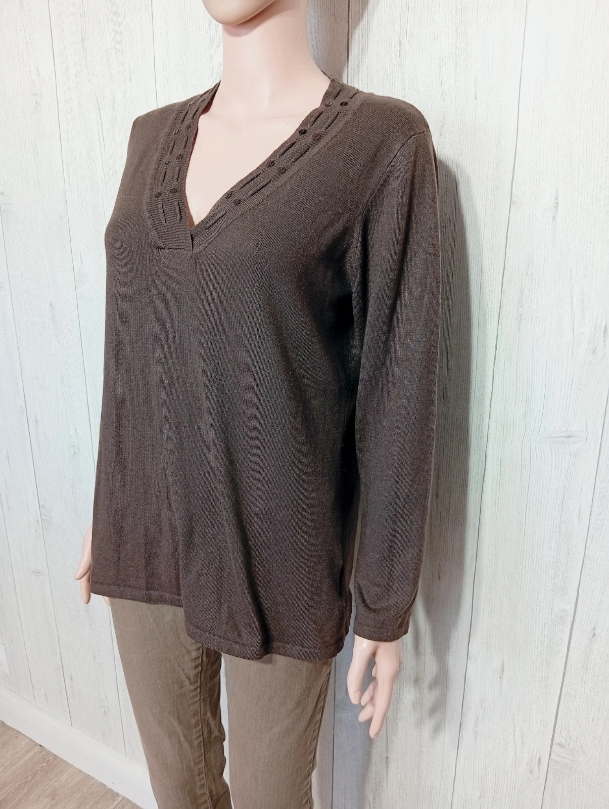 Sweat à col V manches longues femme-Taille L/40-Canda-couleur marron – Canda – taille L / 40 / 12 5