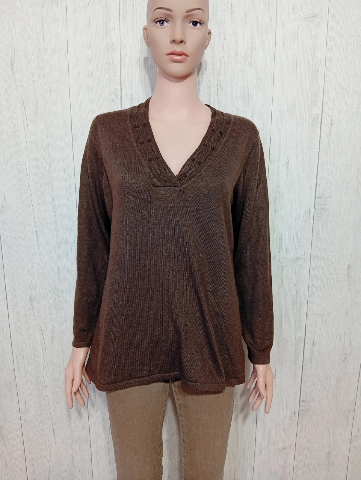 Sweat à col V manches longues femme-Taille L/40-Canda-couleur marron
