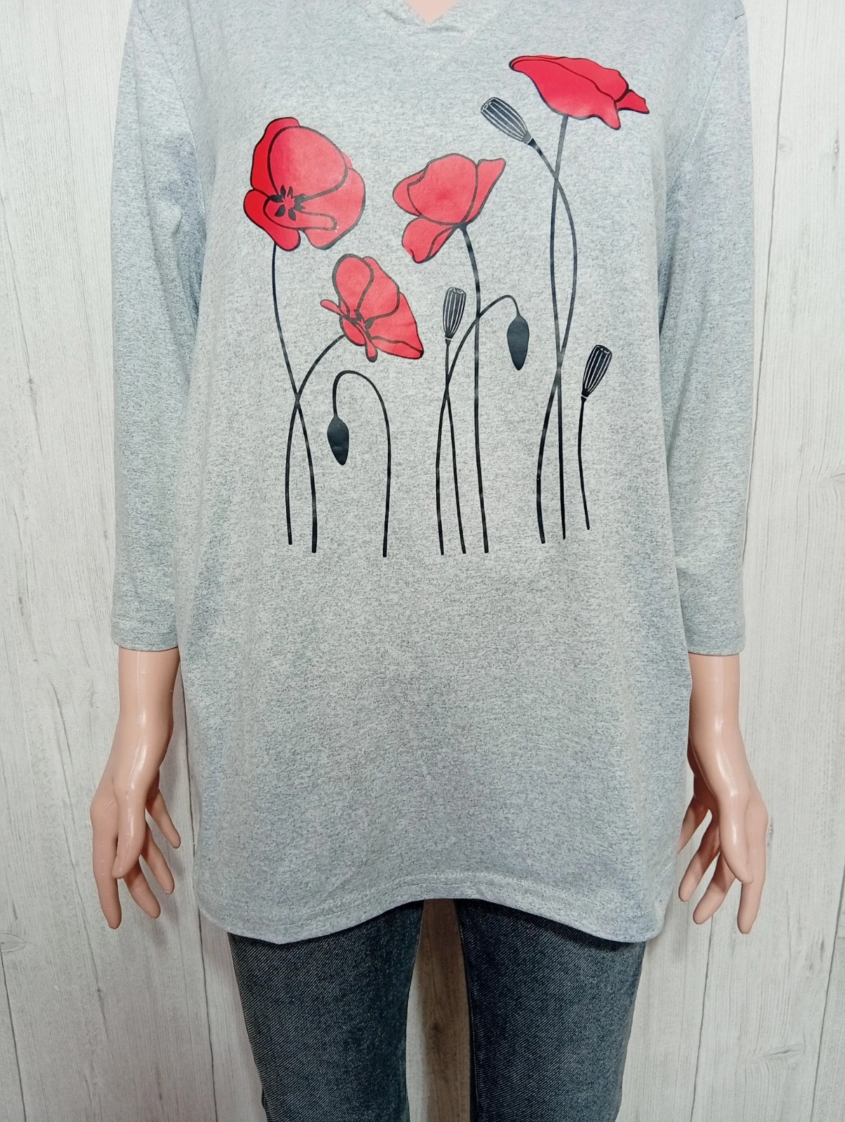 T-shirt imprimé manches longues femme-taille L/40- couleur gris rouge noir – taille L / 40 / 12 3