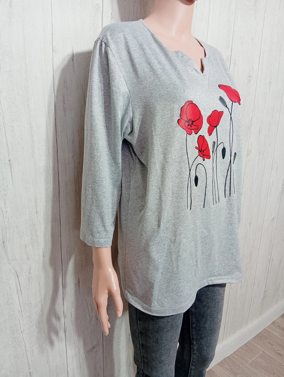 T-shirt imprimé manches longues femme-taille L/40- couleur gris rouge noir – taille L / 40 / 12 4