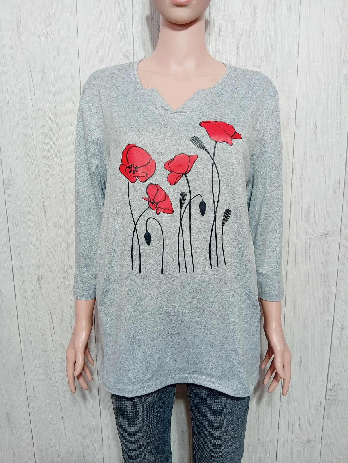 T-shirt imprimé manches longues femme-taille L/40- couleur gris rouge noir – taille L / 40 / 12
