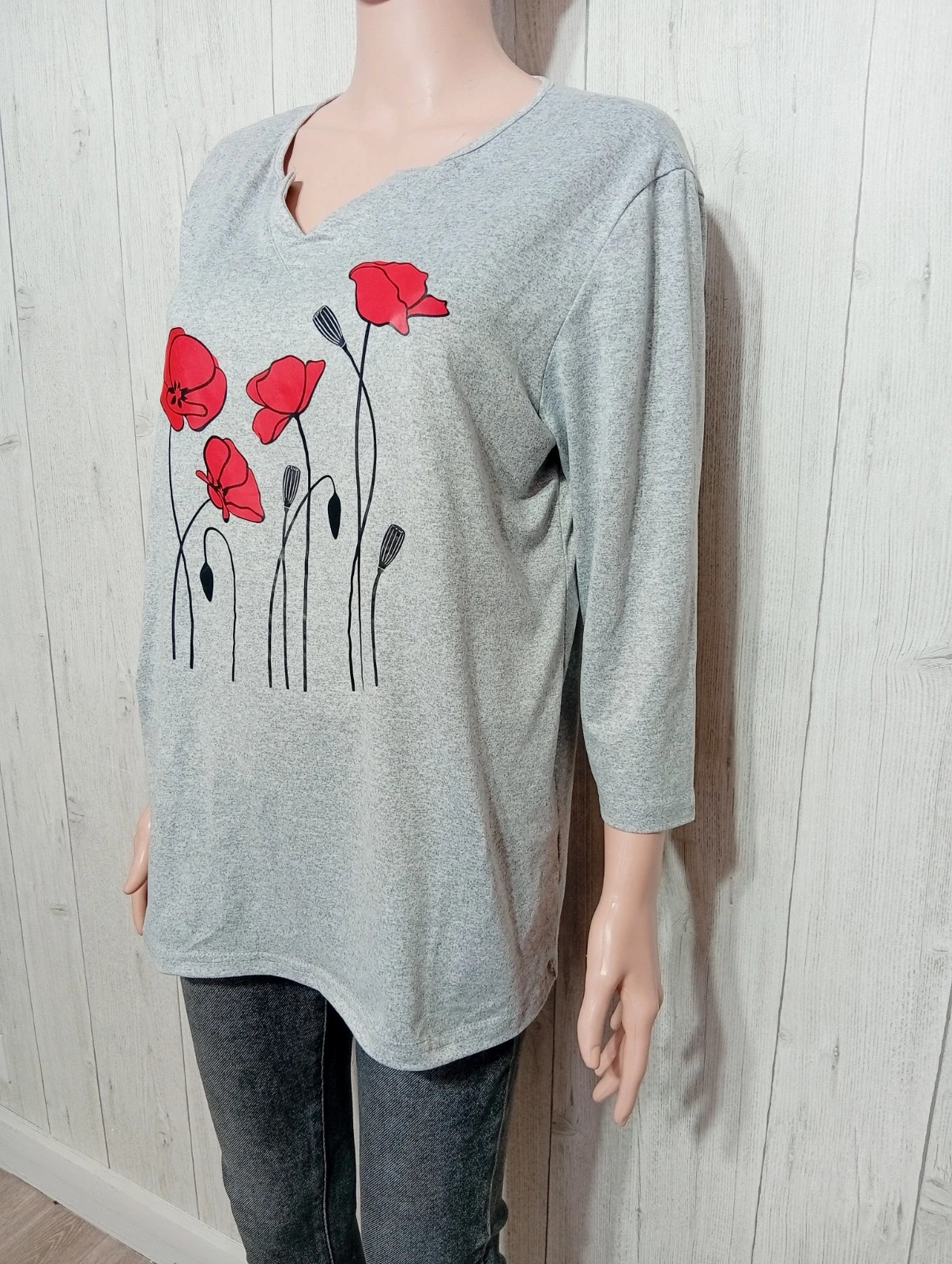 T-shirt imprimé manches longues femme-taille L/40- couleur gris rouge noir – taille L / 40 / 12 5