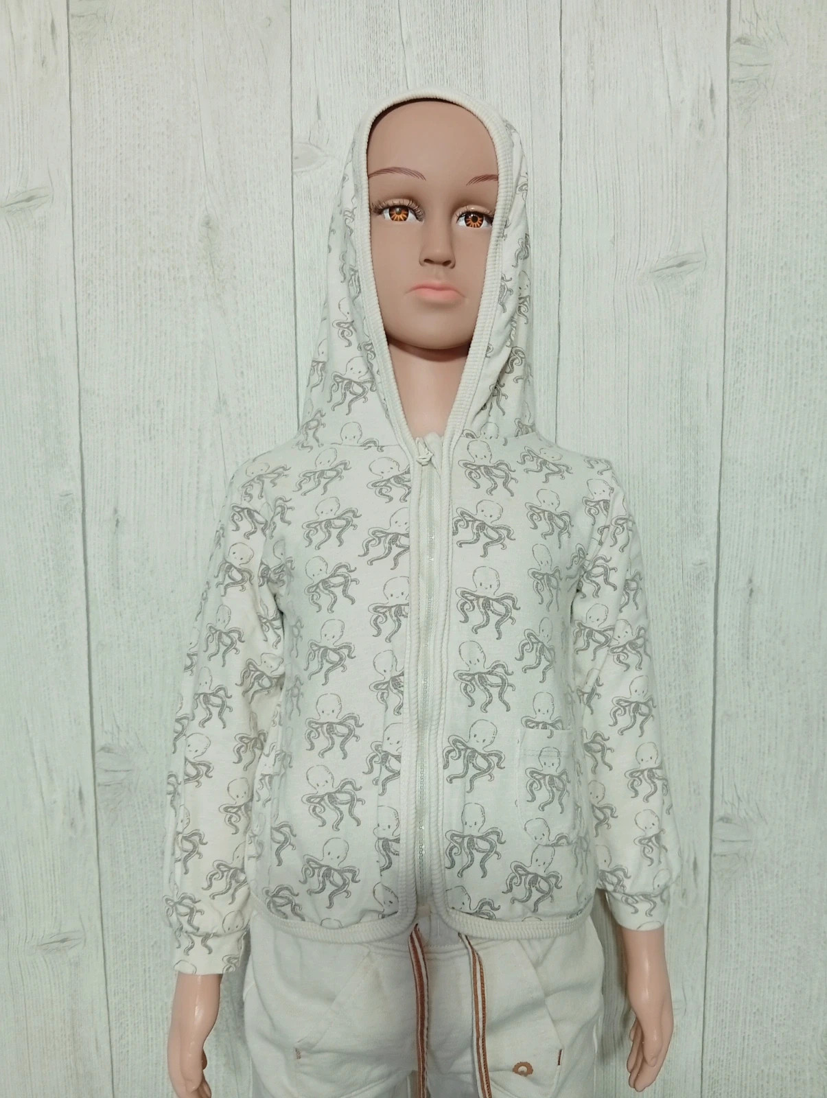 Gilet zippée a capuche imprimé a motif pieuvre - taille 3 ans - dirkje- couleur creme gris
