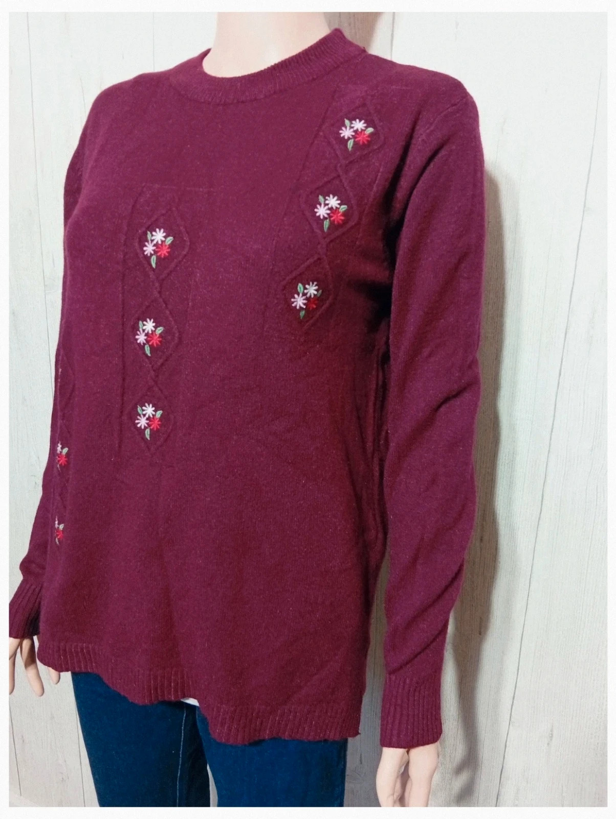 Pull en tricot structure orne de broderies florales femme- taille M/L - huang mode- couleur bordeaux – Huang mode – taille L / 40 / 12 5