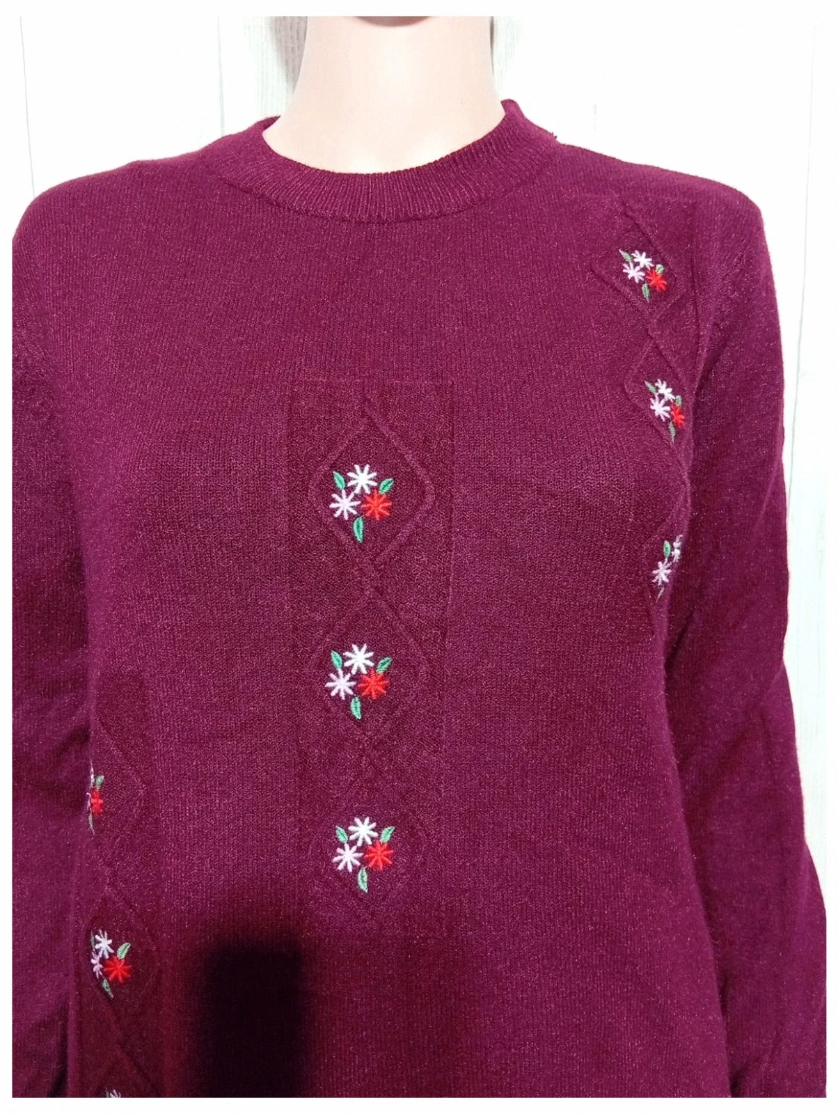 Pull en tricot structure orne de broderies florales femme- taille M/L - huang mode- couleur bordeaux – Huang mode – taille L / 40 / 12 2