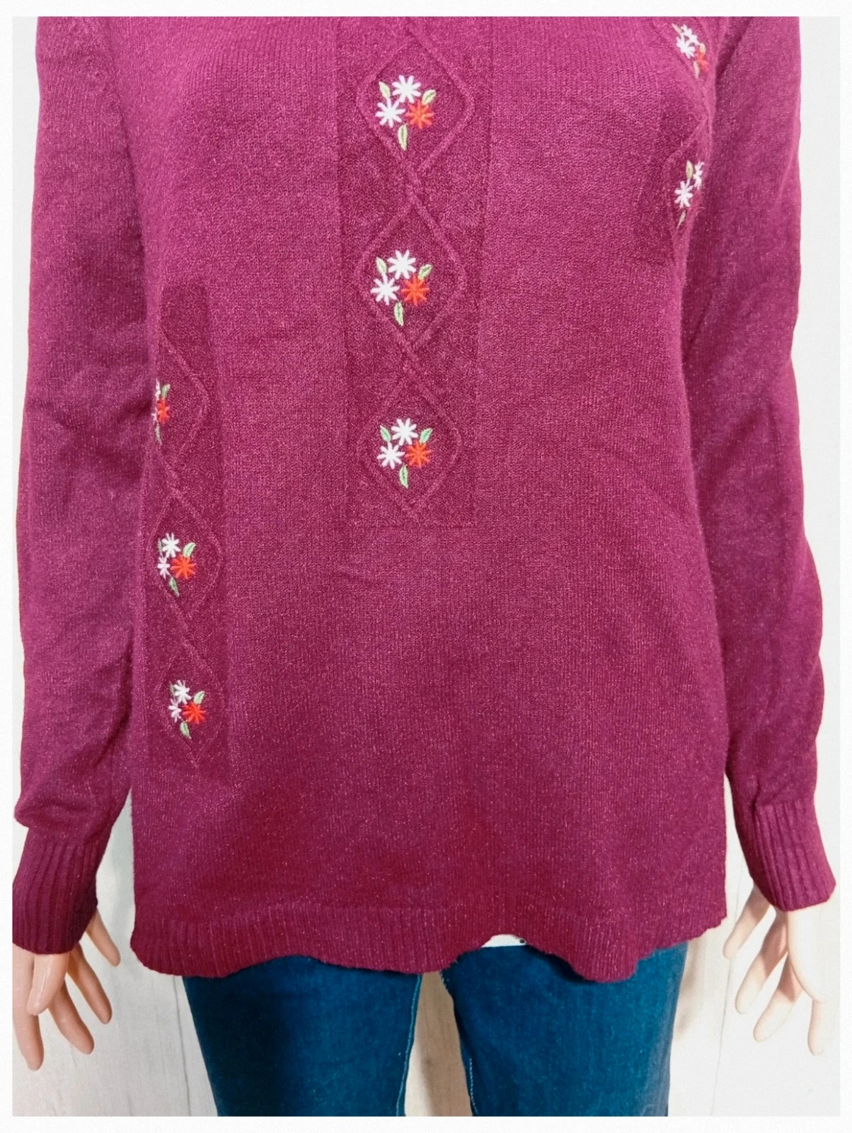Pull en tricot structure orne de broderies florales femme- taille M/L - huang mode- couleur bordeaux – Huang mode – taille L / 40 / 12 3