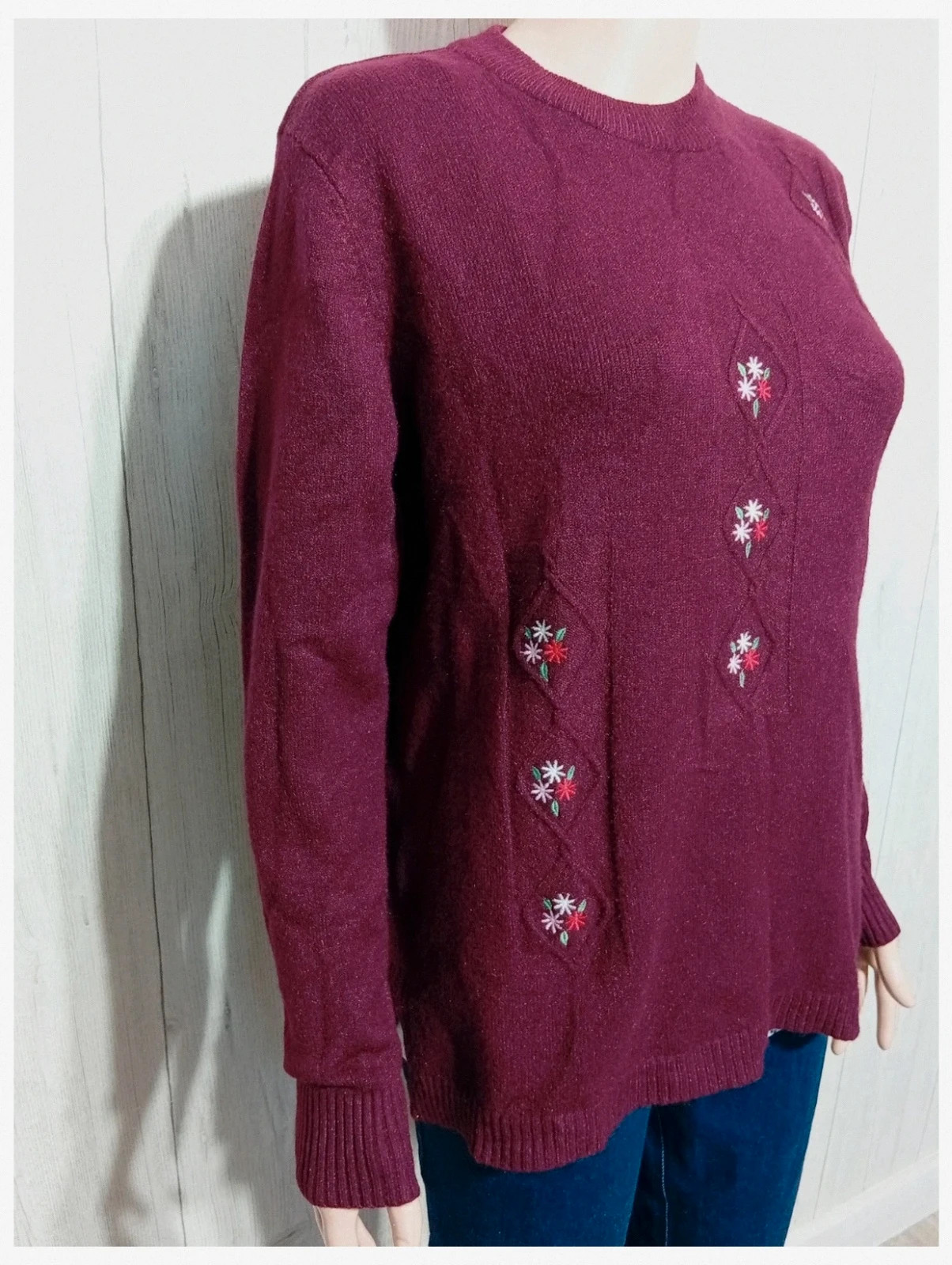 Pull en tricot structure orne de broderies florales femme- taille M/L - huang mode- couleur bordeaux – Huang mode – taille L / 40 / 12 4