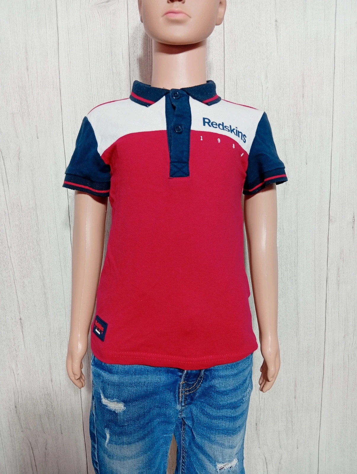 Polo manches courtes garcon-taille 5 ans-redskins-couleur marine blanc rouge