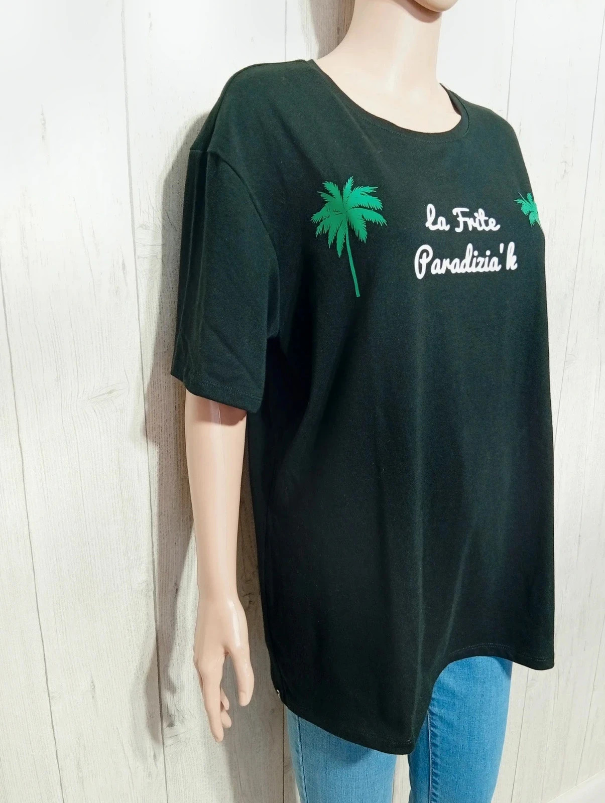 T-shirt femme manches courtes imprimé - nyamba - taille XL/42 - couleur noir blanc vert – Nyamba – taille XL / 42 / 14 4