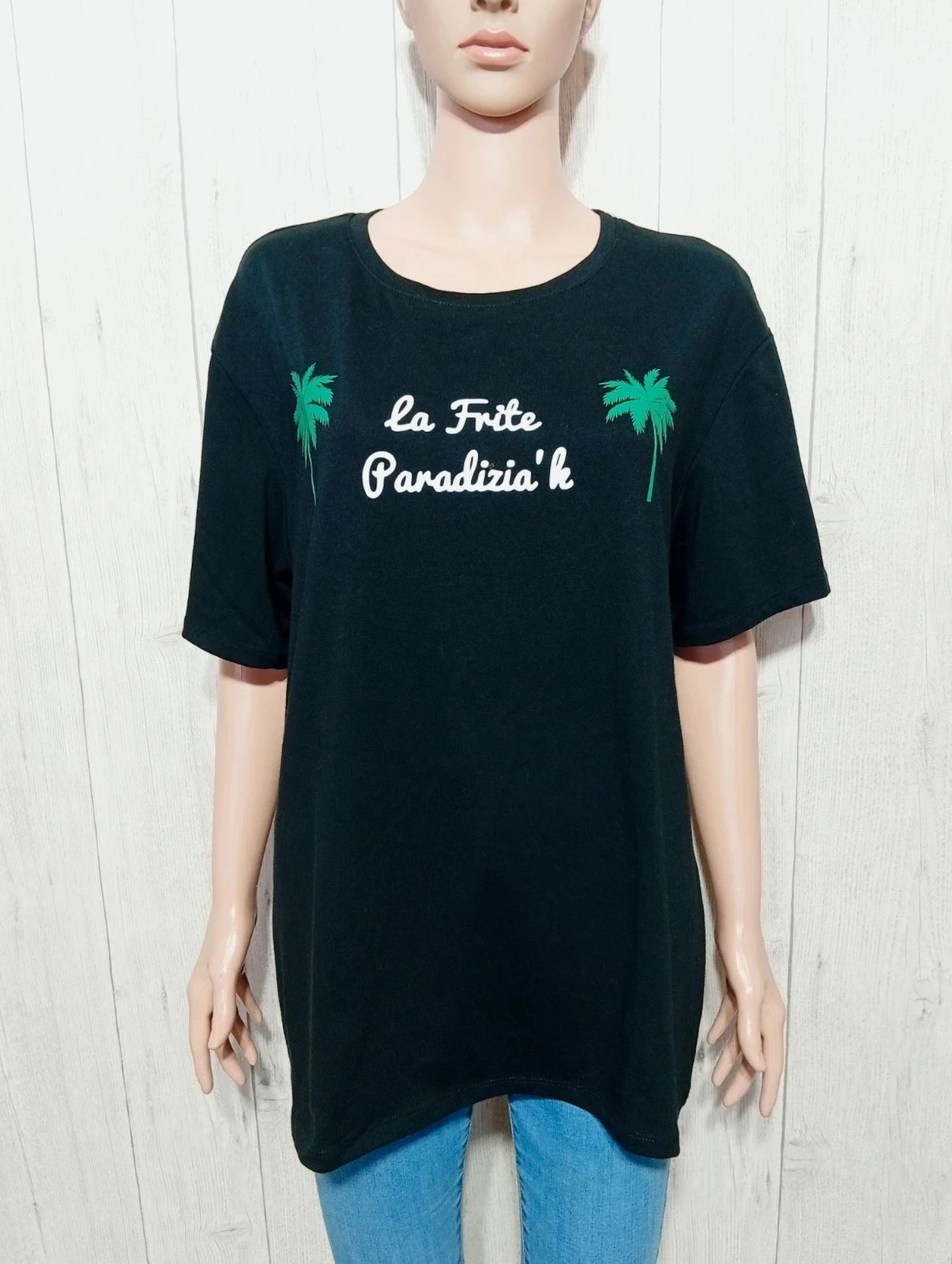 T-shirt femme manches courtes imprimé - nyamba - taille XL/42 - couleur noir blanc vert – Nyamba – taille XL / 42 / 14