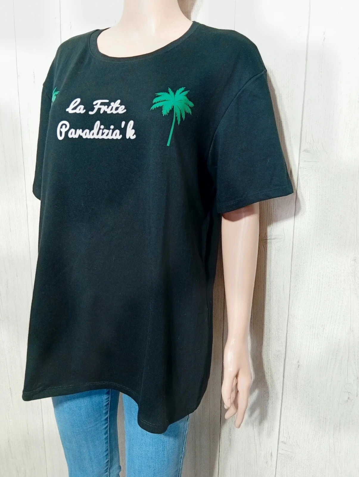 T-shirt femme manches courtes imprimé - nyamba - taille XL/42 - couleur noir blanc vert – Nyamba – taille XL / 42 / 14 5
