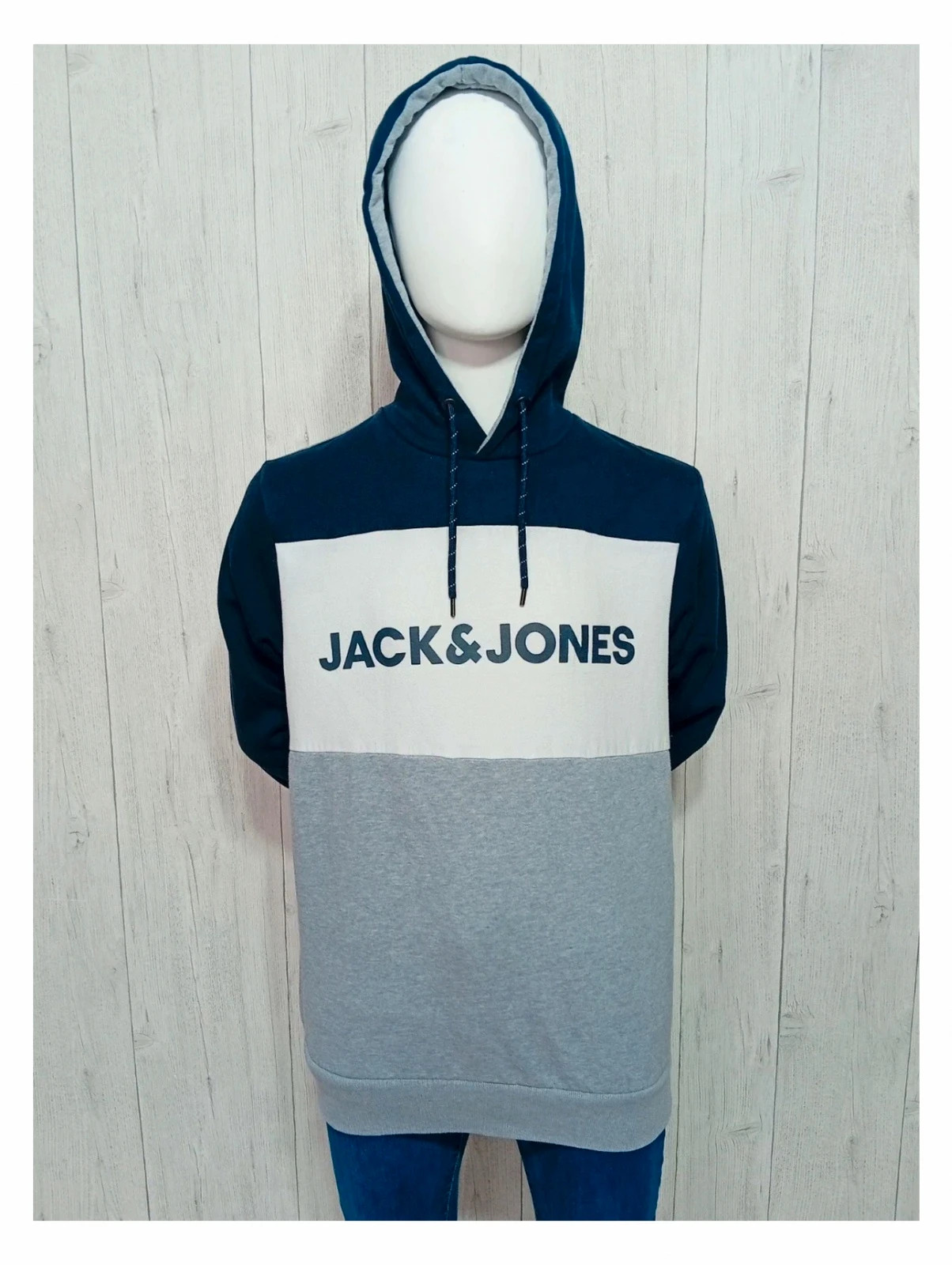 Pull homme jack&jones - taille M/38 - couleur gris marine et blanc à capuche