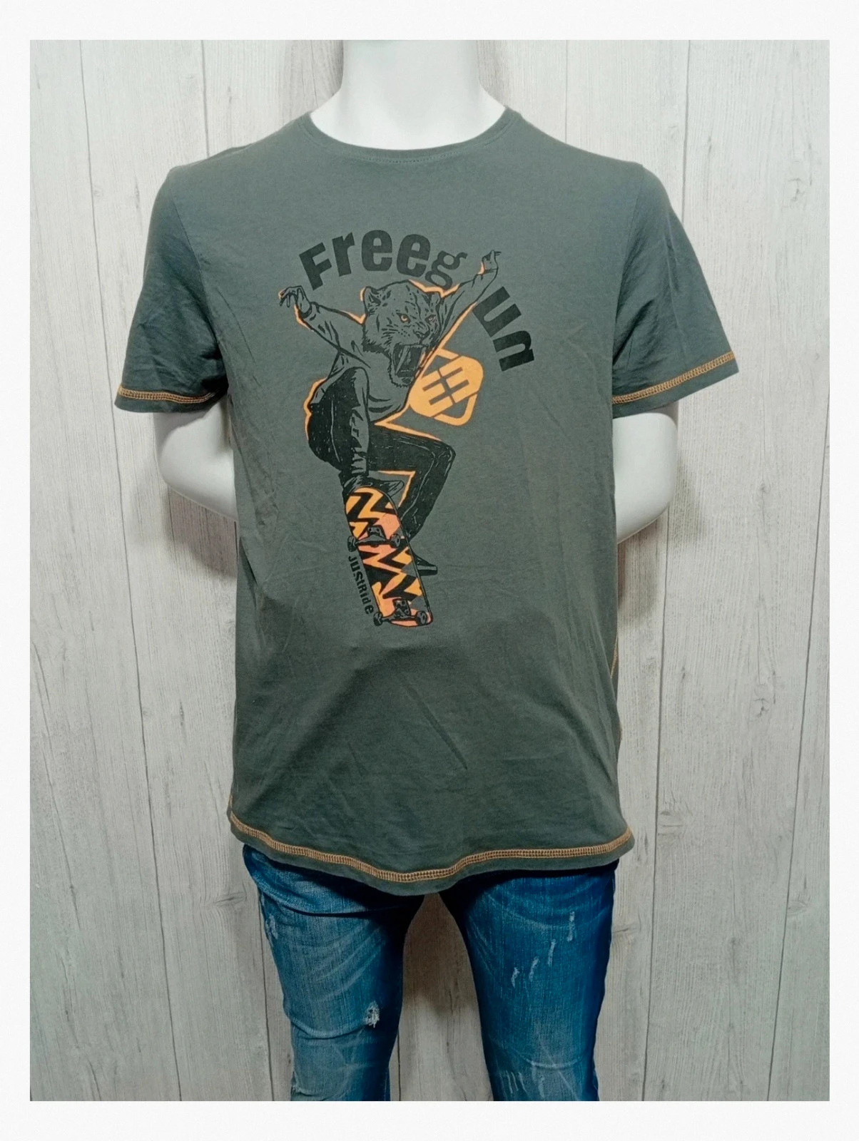 T-shirt homme manche courte - freegun - taille M/38 - couleur gris et jaune