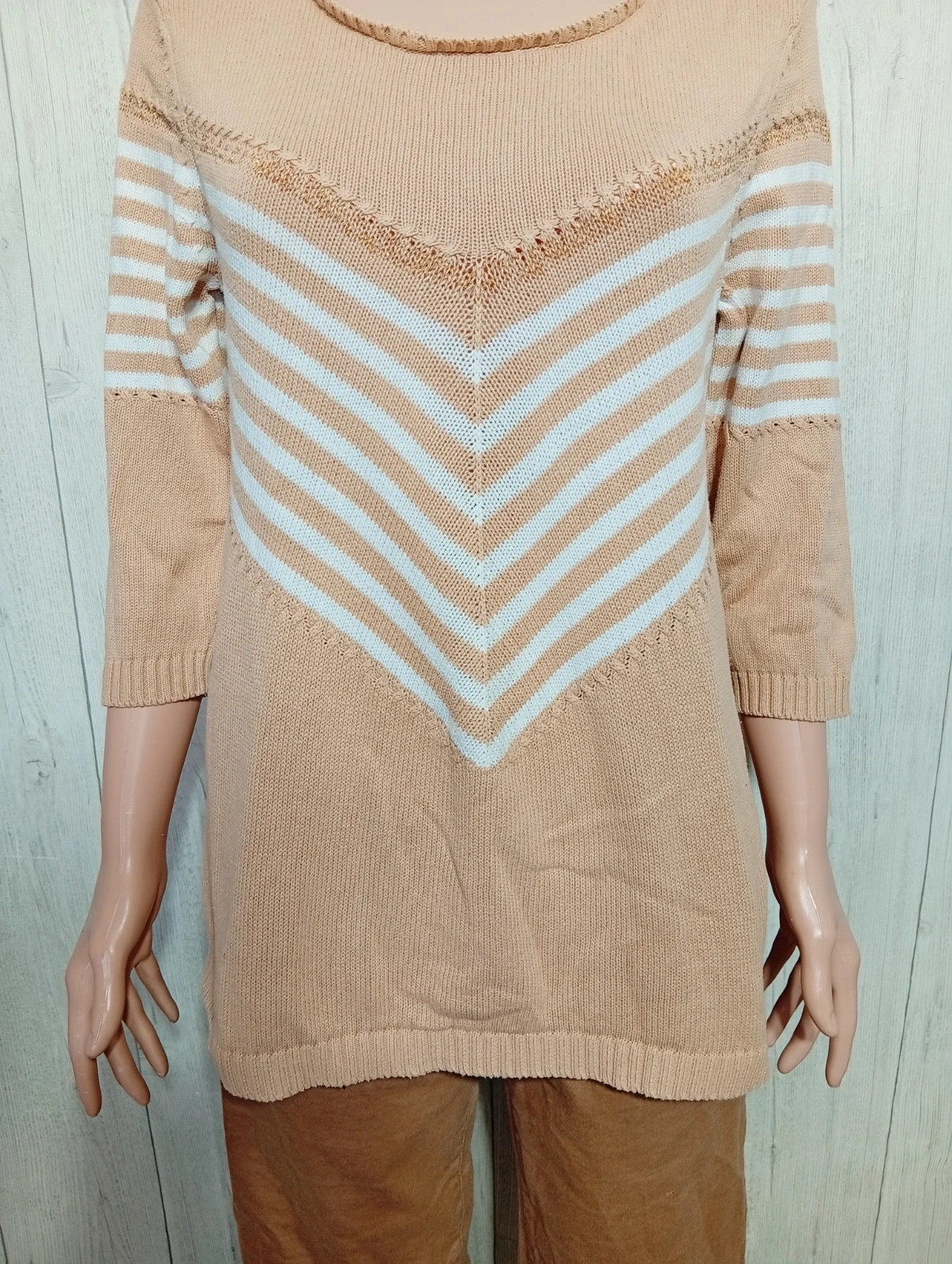 Pull a Manches longues femme- taille XL/42 - Damart - couleur beige et blanc – Damart – taille XL / 42 / 14 3