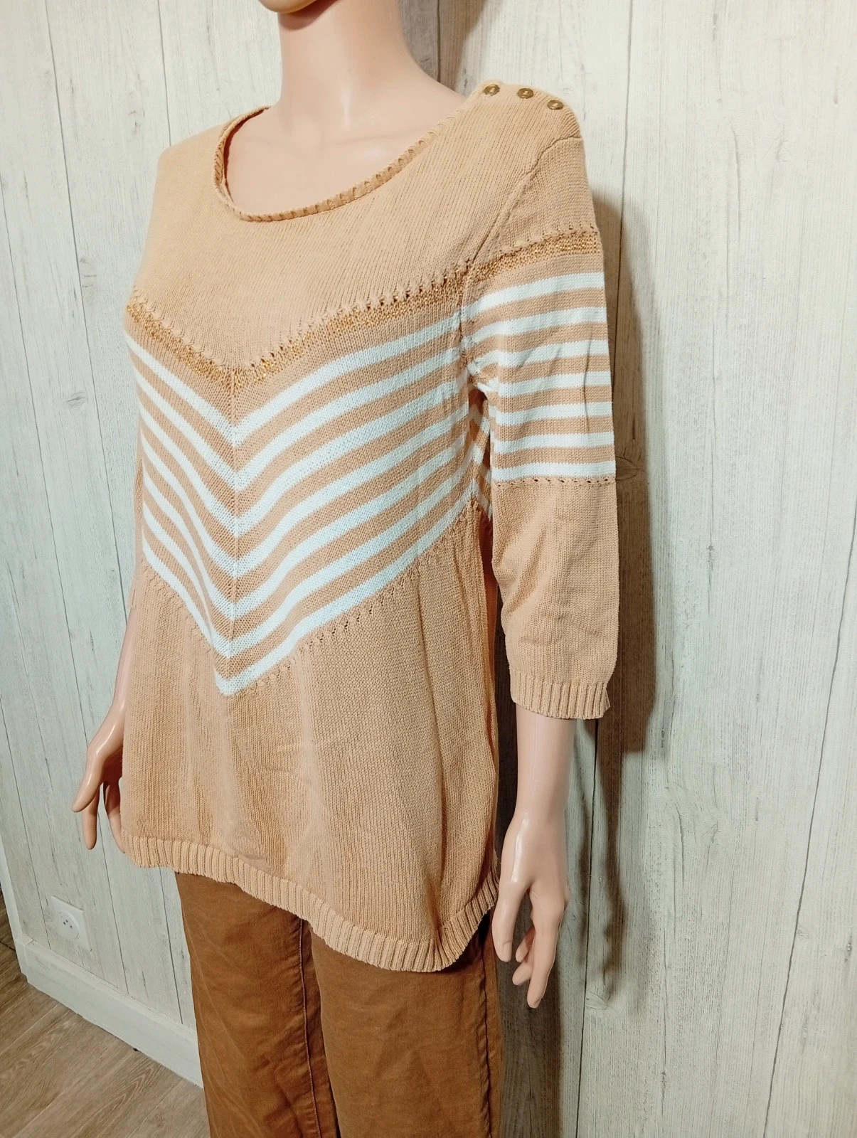Pull a Manches longues femme- taille XL/42 - Damart - couleur beige et blanc – Damart – taille XL / 42 / 14 5