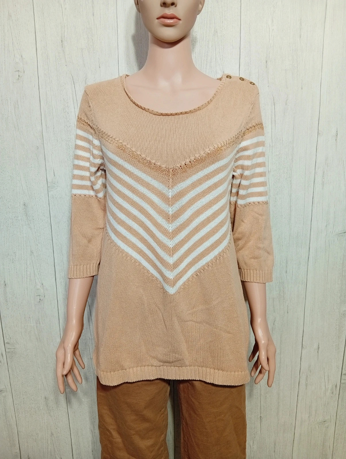 Pull a Manches longues femme- taille XL/42 - Damart - couleur beige et blanc