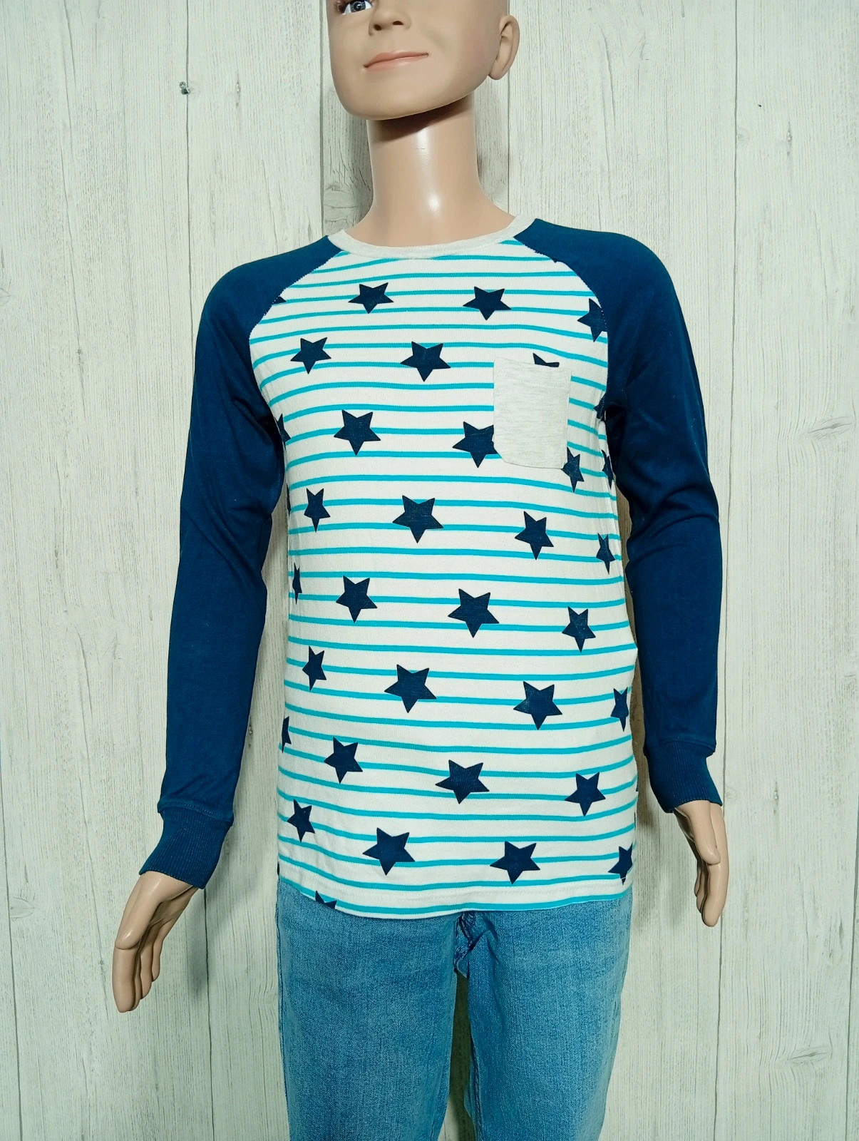 T-shirt manches longues garçon - taille 8 ans ( 128 cm) - okaidi - couleur marine menthe et blanc