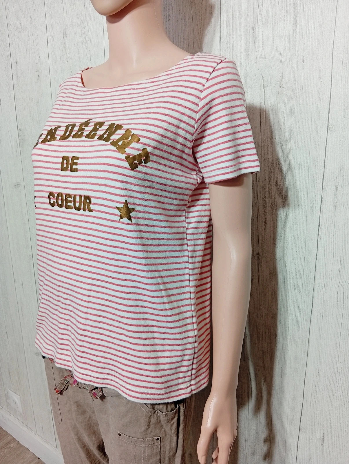 T-shirt manche courte femme - taille XL/42 - La mouette - couleur corail et blanc – La mouette – taille XL / 42 / 14 5