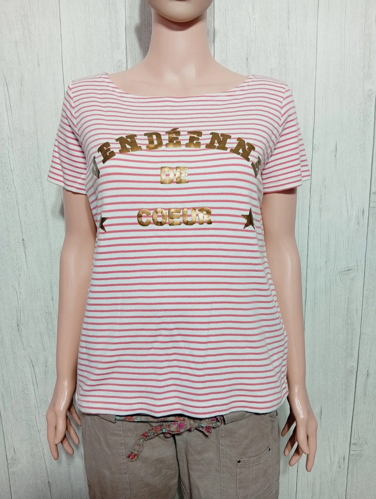 T-shirt manche courte femme - taille XL/42 - La mouette - couleur corail et blanc – La mouette – taille XL / 42 / 14