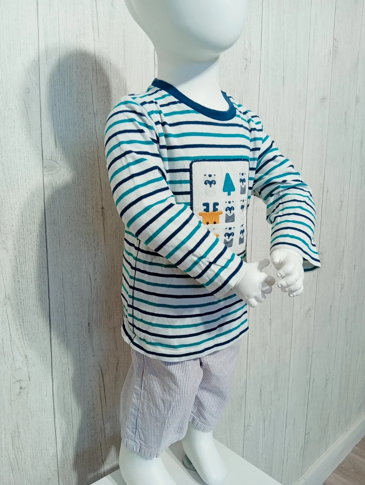 T-shirt manche longue garçon - taille 18mois (80 cm) - obaibi - couleur blanc vert marine – Obaïbi – taille 12-18 mois / 80 cm 2