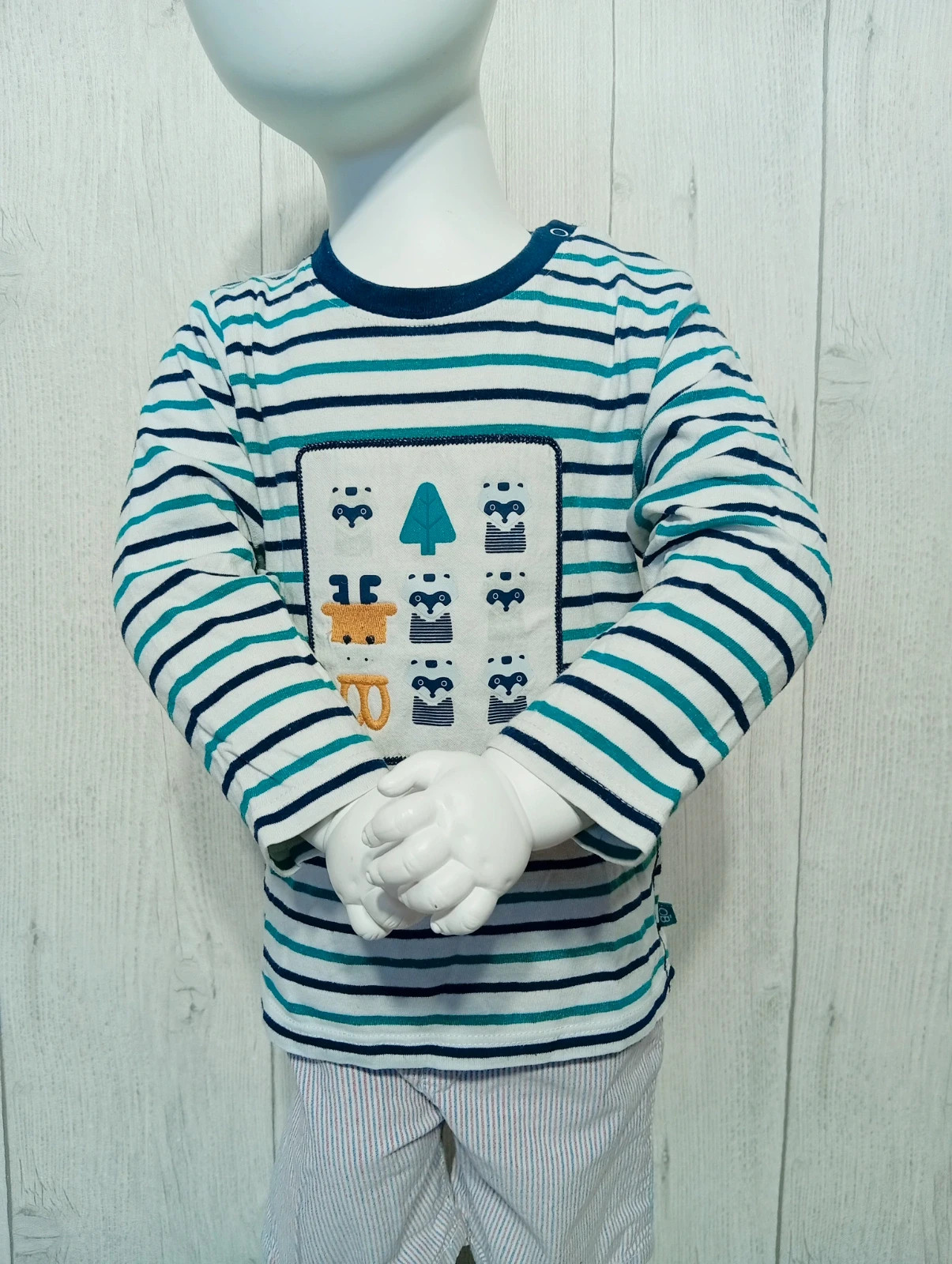 T-shirt manche longue garçon - taille 18mois (80 cm) - obaibi - couleur blanc vert marine