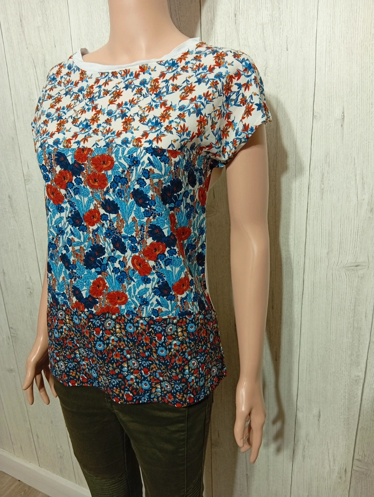 Blouse manche courte femme- taille M/38 - promod- couleur blanc multicolore – Promod – taille M / 38 / 10 6