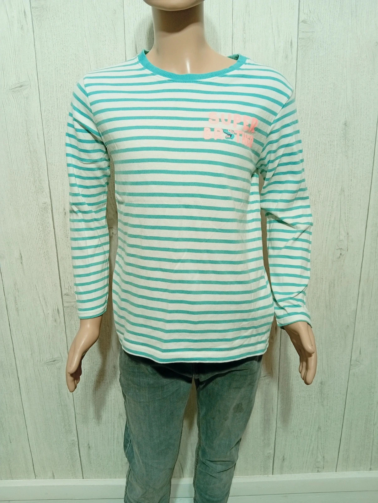 T-shirt manche longue garcon- Taille 8 ans (128 cm) - Tape à loeil- Couleur menthe et blanc